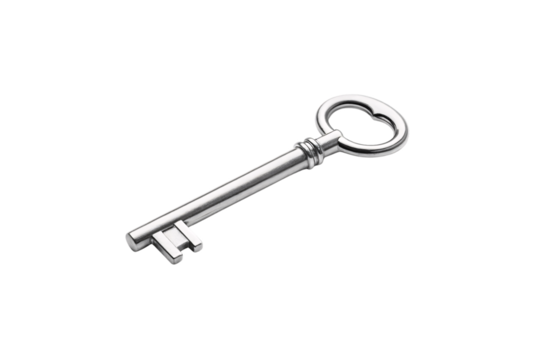 Ornate silver skeleton key with decorative handle and traditional vintage design for antique locks, isolated on a transparent background