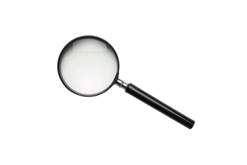 Black magnifying glass with handle, realistic design, silver metallic rim and details, isolated on a transparent background