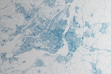 Map of the streets of Montreal (Canada) made with blue lines on white paper. 3d render, illustration