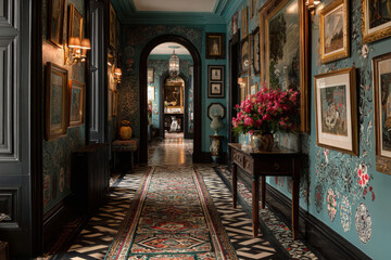 Colorful hallway with wallpaper, picture frames and carpet