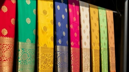 Colorful silk sarees displayed on rack. Rich silk fabrics in vibrant hues, gold accents and intricate patterns. These luxurious sarees are perfect for special occasions, ethnic fashion videos