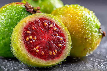 Halved guava fruit with water drops on surface