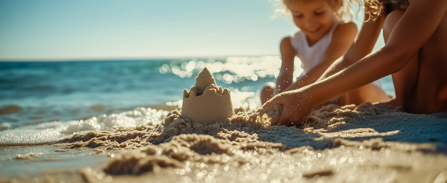 Children building a sandcastle on the beach together