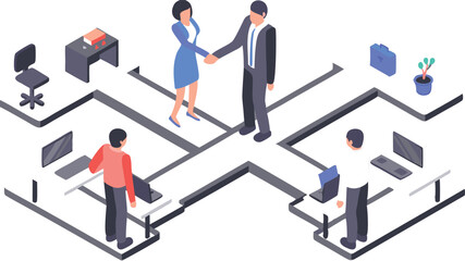 Isometric office scene depicting a business handshake and employees working at their desks, showcasing collaboration