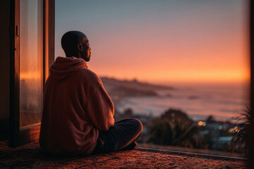 Man meditating indoors on yoga mat during sunrise