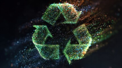 High-quality photo of vibrant Digital Representation of a Recycling Symbol with Sparkling Particles and Motion Effects for Environmental Awareness and Sustainability Themes.