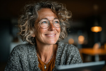 Stylish elderly woman using laptop in modern creative workspace