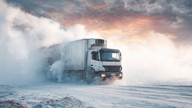 High-quality photo of refrigerated truck with cold vapor in snowy environment.