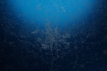 Street map of Brno (Czechia) engraved on blue metal background. View with light coming from top. 3d render, illustration