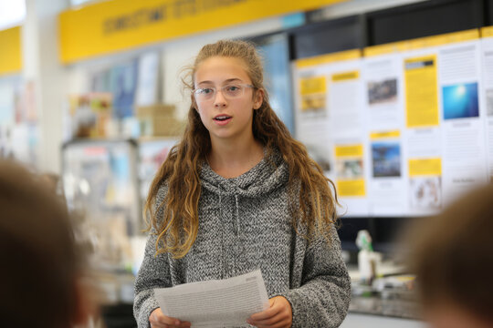 Student presenting school report in classroom with project posters on wall - Powered by Adobe