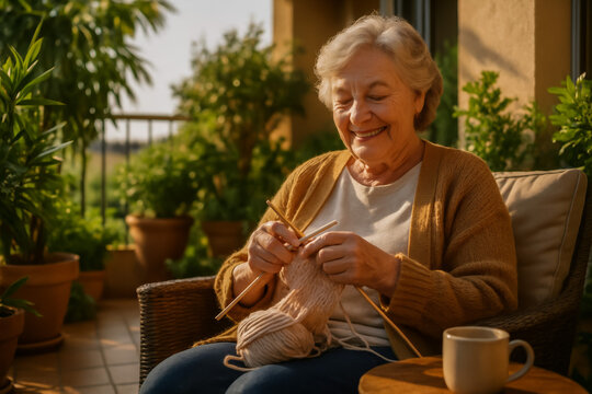 Happy senior woman knitting on a sunny balcony surrounded by greenery - Powered by Adobe
