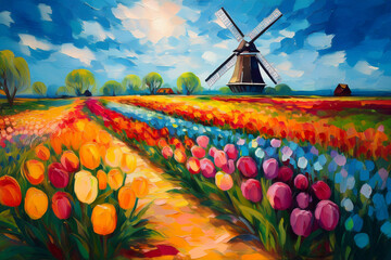 Colourful painting style image of landscape in Netherlands featuring path winding through tulip fields towards vintage windmill
