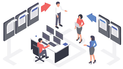 Isometric office scene depicting document workflow with employees and computer workstations setup area