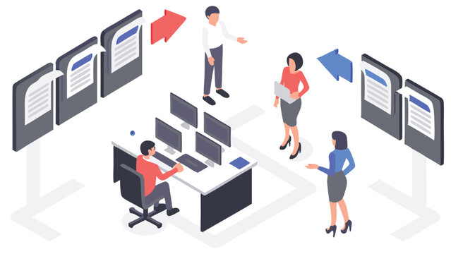 Isometric office scene depicting document workflow with employees and computer workstations setup area