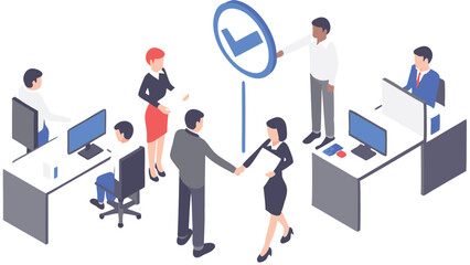 Isometric office scene showing handshake agreement with employees and a large check mark symbol above them
