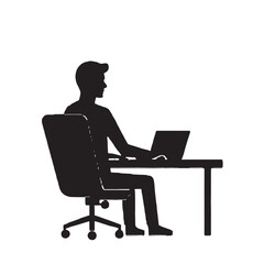 Black Silhouette Vector of Person Working on Laptop at Desk in Office or Remote Work Scene on White Background Full HD
