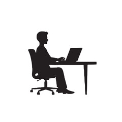 Black Silhouette Vector of Person Working on Laptop at Desk in Office or Remote Work Scene on White Background Full HD