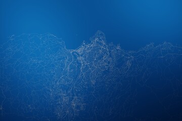 Stylized map of the streets of Trondheim (Norway) made with white lines on abstract blue background lit by two lights. Top view. 3d render, illustration