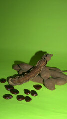Tamarind fruit with seed isolated on green background with copy space for your text. Top view. Flat lay