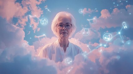 Elderly woman. forebears Psilocybin therapy aphantasia Adhd music Highly sensitive person Frequency healing Mubi Artlist Nectar Sleep Neosensory White hair. Glasses wear. Cloud background. Blue sky.