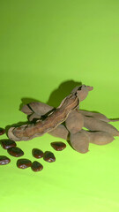 Tamarind fruit with seed isolated on green background with copy space for your text. Top view. Flat lay