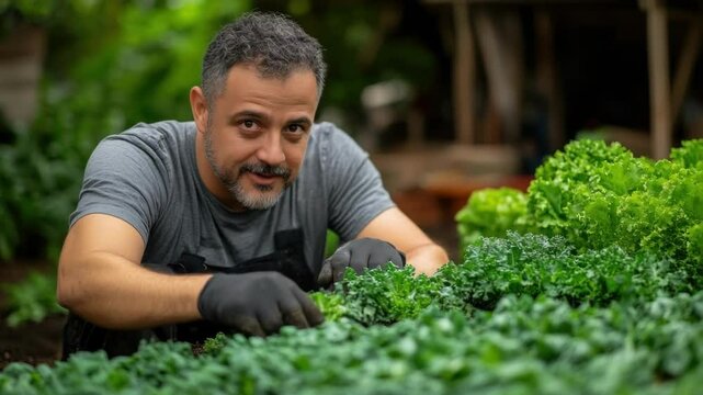 Hispanic mature man tending to lush green vegetable garden