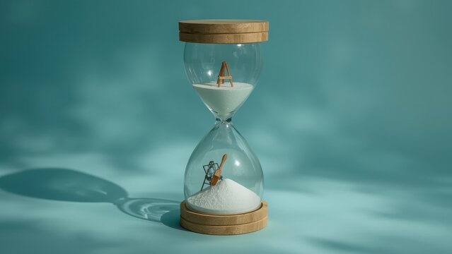 Hourglass timer. Pomodoro timeboxing Scarcity mindset Adhd Time anxiety Longtermism Thesis supplements SenseTime Author clock timeleft Wooden frame. White sand. Reflection glass. concept. Waiting per