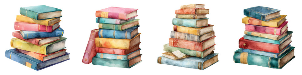 Collection of Watercolor Book Stacks, Decorative Educational Resource with a Transparent Background PNG set