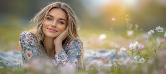 Young woman smiling in floral dress among wildflowers outdoors