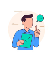 Man holding checklist and pointing up. Minimal flat illustration of communication and confirmation.
