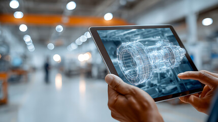 Digital Technology in Manufacturing with Worker Using Tablet for 3D Model Visualization of Mechanical Component