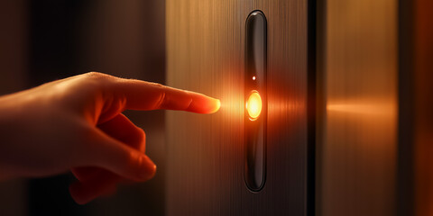 Hand pressing elevator button with glowing light activation