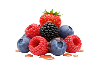 Isolated Fresh Berry Medley with Dripping Honey
