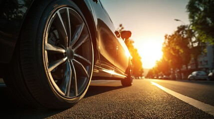 High-quality photo of perspective angle of a wheel car, A sedan car standing beautifully in the warm sunlight summer, Close up view from the road level from the wheel of the car.