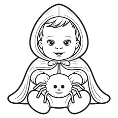 Sweet Baby in Hooded Cape Holding a Giant Spider – Halloween Baby Line Art for Coloring Book

