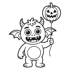 Happy Baby Monster Holding a Jack-O’-Lantern – Cute Halloween Line Art Illustration for Kids