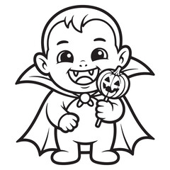 Smiling Baby Dressed as Dracula Holding a Lollipop – Cute Halloween Vampire Baby Line Art for Coloring