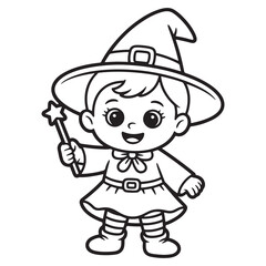 Adorable Baby Witch Standing with a Big Hat and Broom – Cute Halloween Baby Line Art Illustration for Coloring Page

