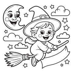 Smiling Witch Baby Flying on Broomstick Halloween Line Art Coloring Page