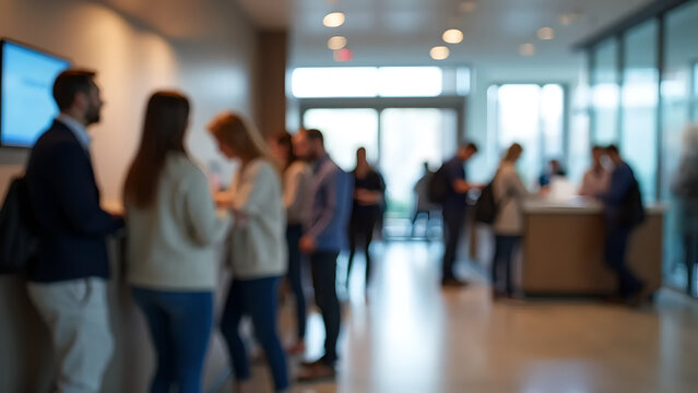 Blurred image of people queuing at a modern indoor service counter, business or government office environment, bright lighting with large windows and digital queue displays, public service scene