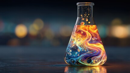 A glass beaker filled with a colorful liquid that looks like a rainbow