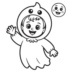 Adorable Ghost Baby in Halloween Costume Floating with Moon and Stars Line Art

