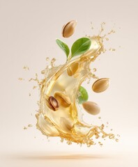 A splash of liquid with nuts and a leaf in it