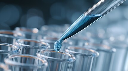 A blue liquid is being poured into a series of test tubes