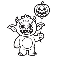 Monster Kid Holding Pumpkin Balloon Halloween Line Art Coloring Page