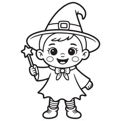 Little Girl in Witch Costume Holding a Magic Wand Halloween Line Art Coloring Page