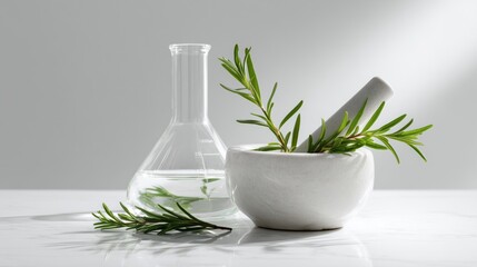 A white bowl with herbs and a clear glass bottle with liquid in it