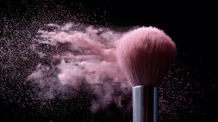 A makeup brush is covered in pink powder, creating a dramatic