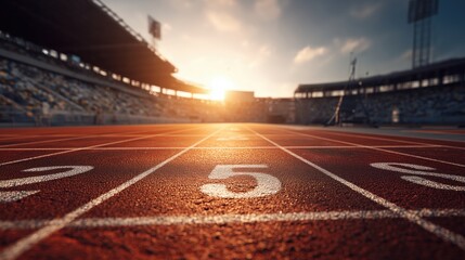 A track field with a large number of white lines and a red number 5