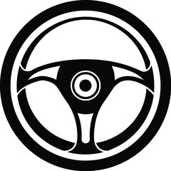 steering wheel icon, black white symbol, simple vector illustration